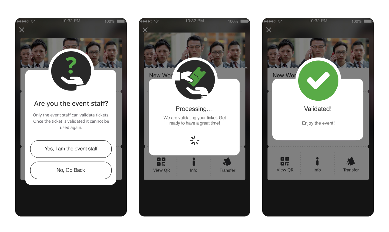 Three ticket check-in screens showing staff confirmation, processing, and successful validation.