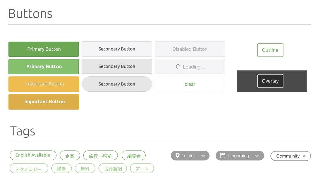 Peatix buttons and tags showing variations in color, shape, typography, and state.