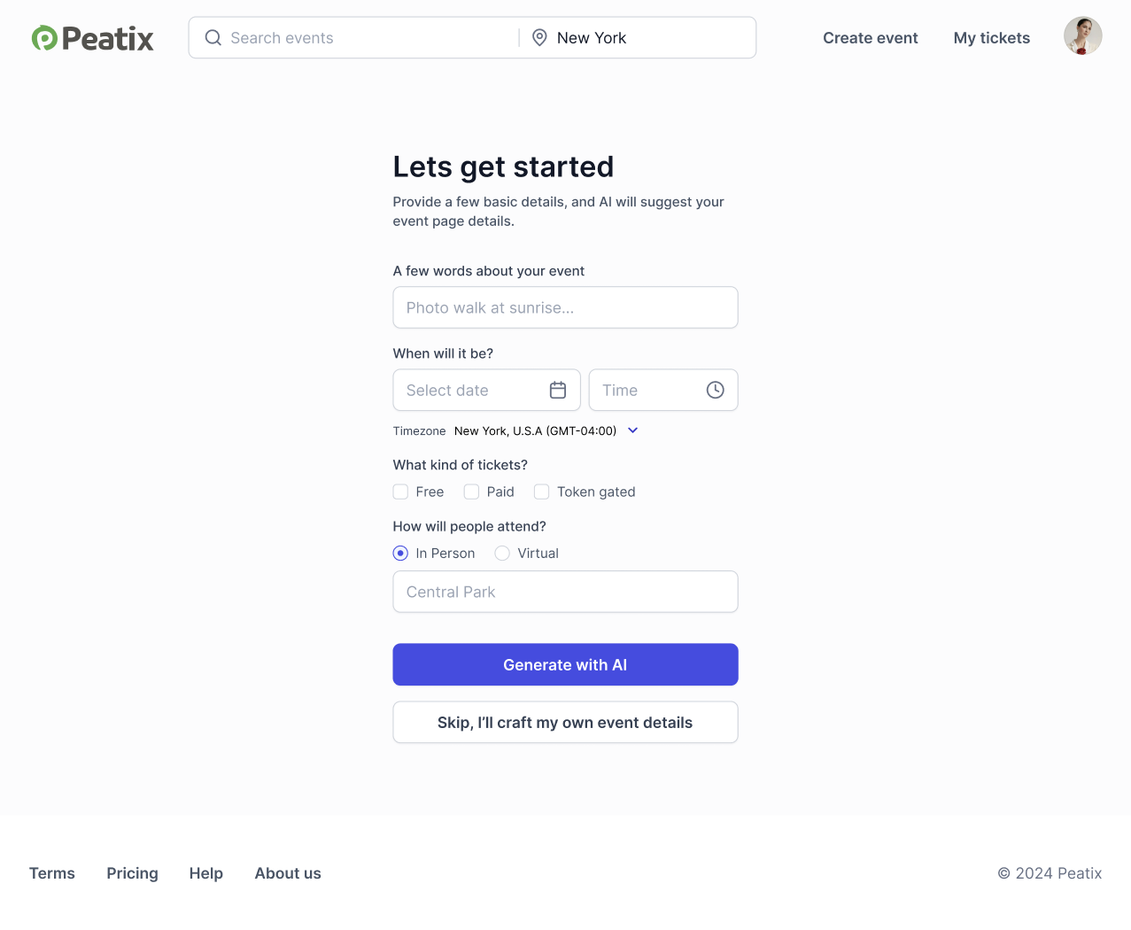 Peatix event setup form with an event description, date, ticket and attendance options, and a Generate with AI button.