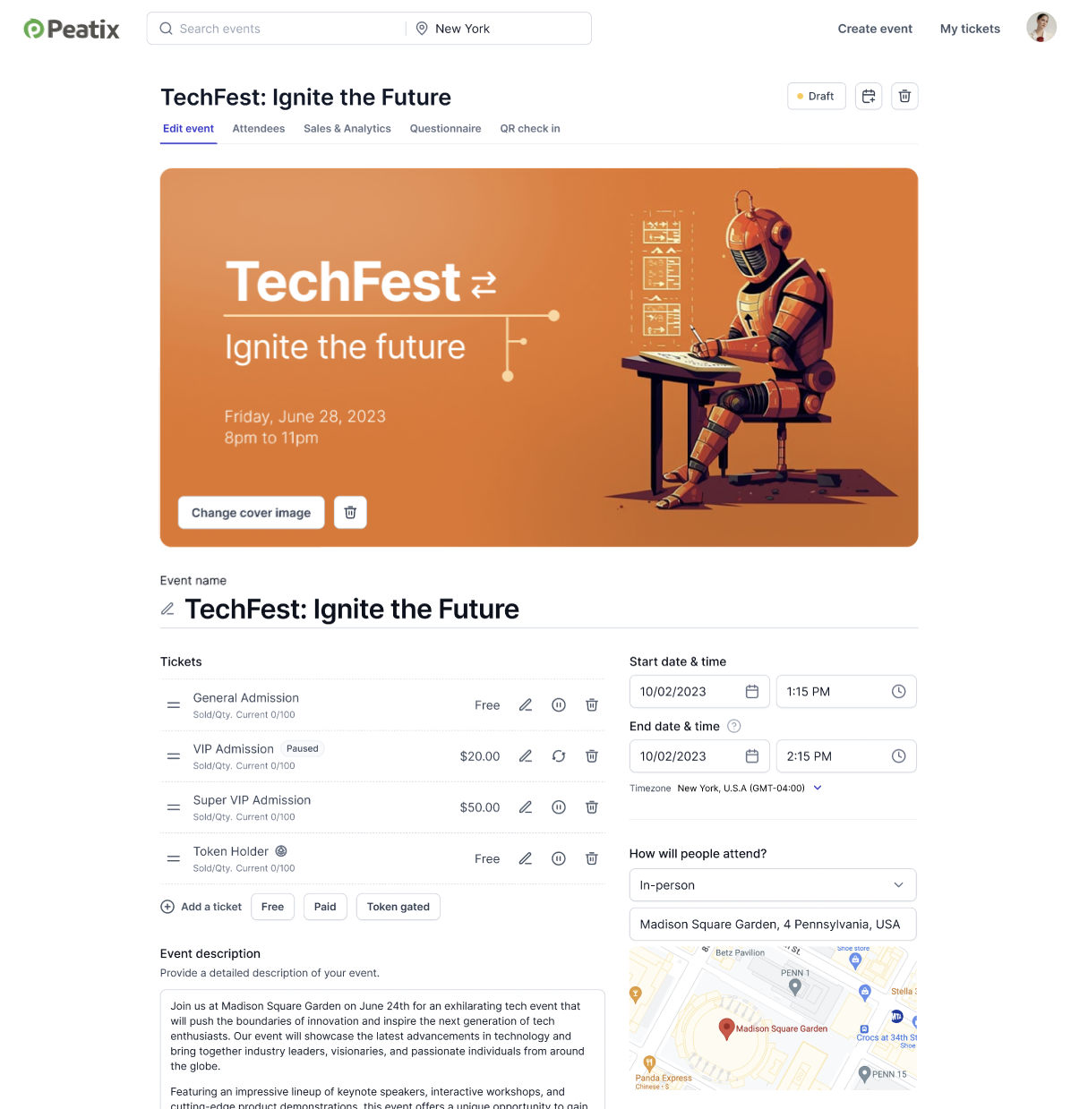 Peatix event page editor showing a cover image, editable event name, ticket prices, description, date and time, and location.